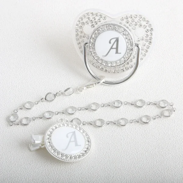 26 Initial Letter Transparent Baby Pacifier With Chain BPA Free Luxury Silver Dummy Soother