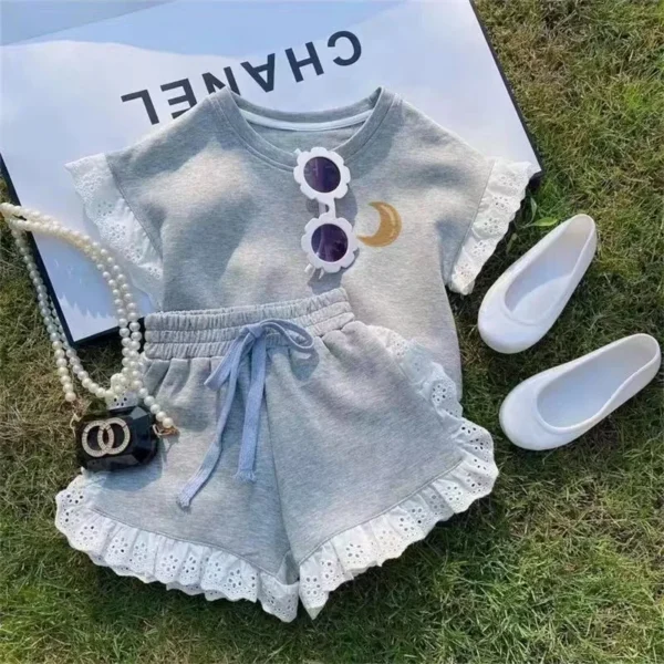 Girls Clothing Suit Children Short-Sleeved Shirt Shorts 2 Pcs Sets Baby Loungewear Fashion Summer Lace Outfits 2 4 6 T New 2024