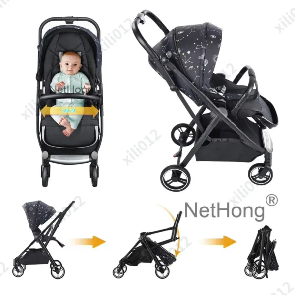 Lightweight Baby Stroller One-Hand Folding Compact Travel Stroller-Black