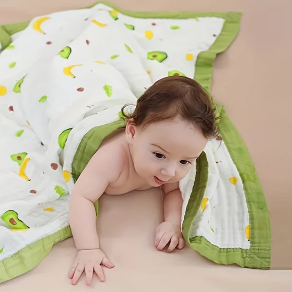 6 Layer Organic Cotton Baby Towel Avocado Leaf Print Ultra Absorbent Soft Breathable For Nursery Stroller Blanket Hand Wash Only