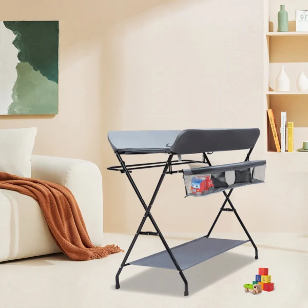 Dark Grey Iron, Oxford Cloth Folding Baby Changing Table Infant Diaper Station / Nursery Organizer w/ Storage Mom's Assistant
