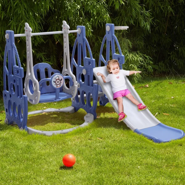 Blue PE Material 3 in 1 Children Slide Swing Basketball Stand Set, Suitable for 3-6 Years Old Children, Outdoor and Indoor Slide