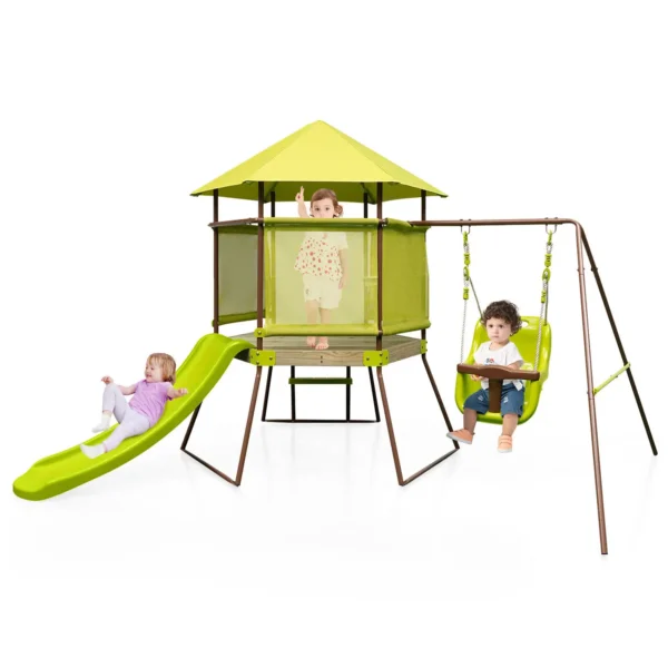 ERGOMASTER 4-in-1 Toddlers Swing Set Outdoor Metal Playset Kids Backyard Playground