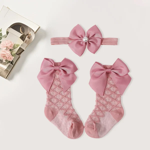 Toddler Baby Girls Headband Socks Set Cute Bow Crew Socks and Pearl Headbands Infant Novel Baptism Clothing Accessory