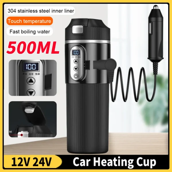 12V/24V Electric Kettle 500ML Stainless Steel Thermos Cup Smart Temperature Sensor Travel Coffee Mug Warmer Car Heated Smart Mug