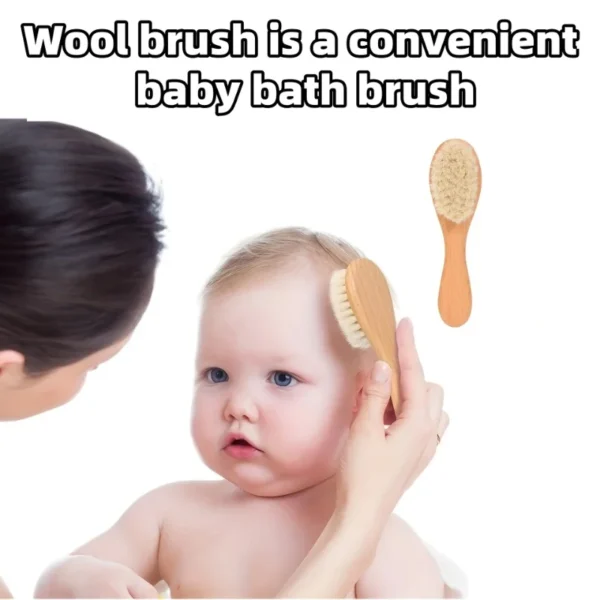 Wool Baby Brush, Newborn Scalp Cleaning, Soft Wool Shampoo Brush, Beech Wood Bath Massage, Wooden Handle Comb